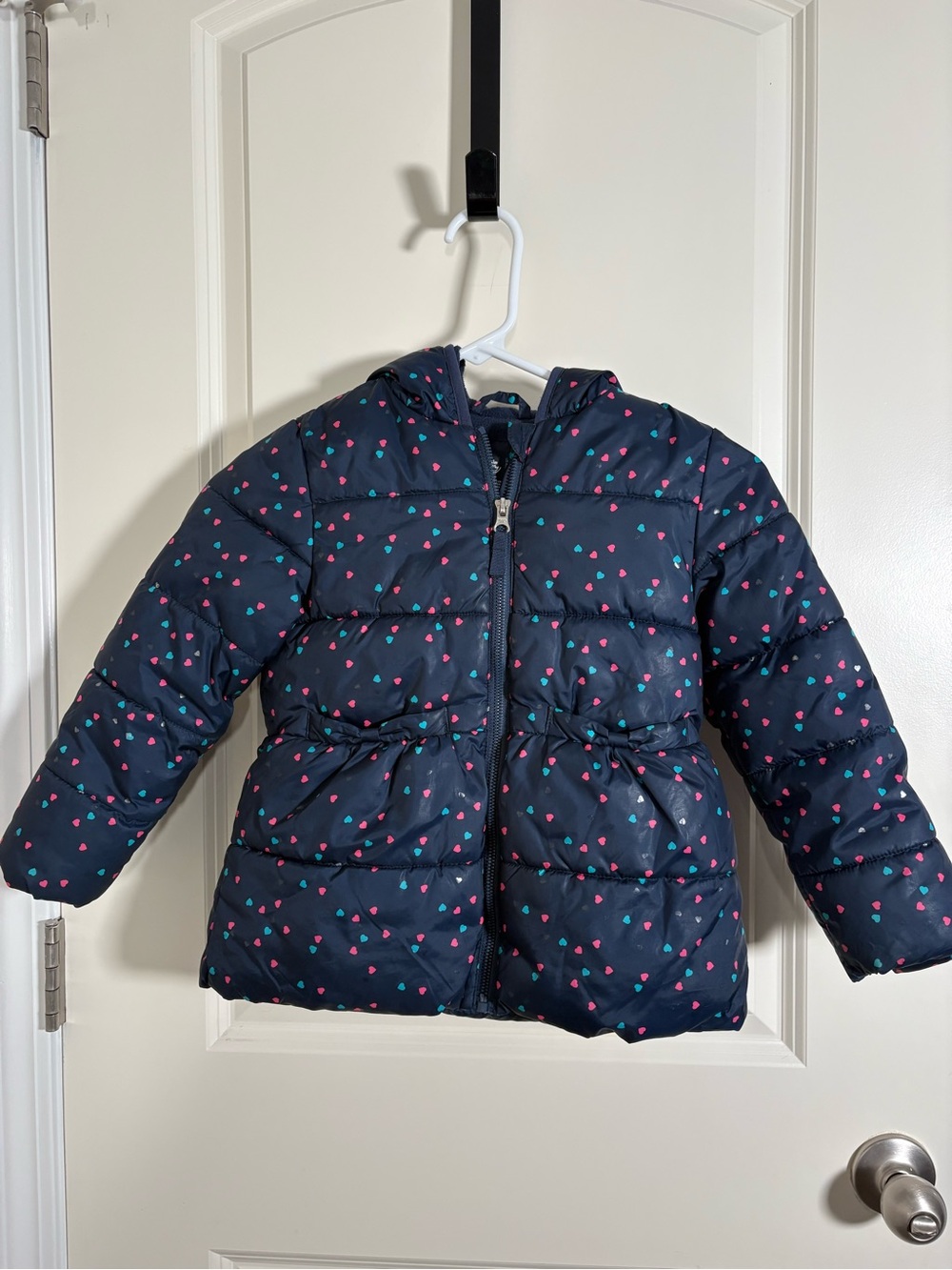 wonder nation Navy Hooded Puffer Jacket with Pink & Teal Heart Print